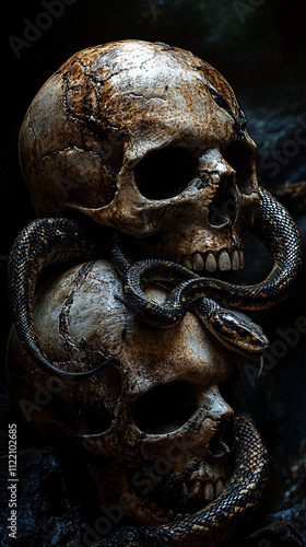 skulls, snake, dark, horror, photorealistic