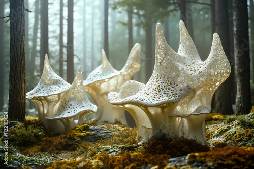 A group of white mushrooms in the middle of a forest photo