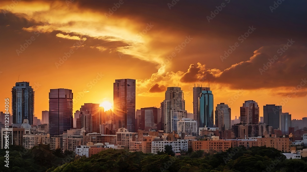 Naklejka premium City Skyline Sunset Golden Hour Dramatic Cloudscape
