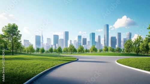 A scenic view of a city skyline and green park. photo