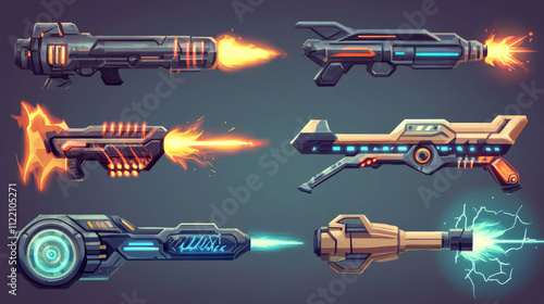 Space blasters and guns with shoot effect with laser, fire and plasma beams. Vector cartoon collection of futuristic alien weapons with energy rays, lightning and flash photo