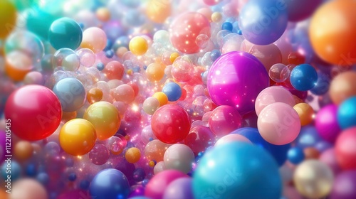 Colorful glossy spheres floating, abstract background.