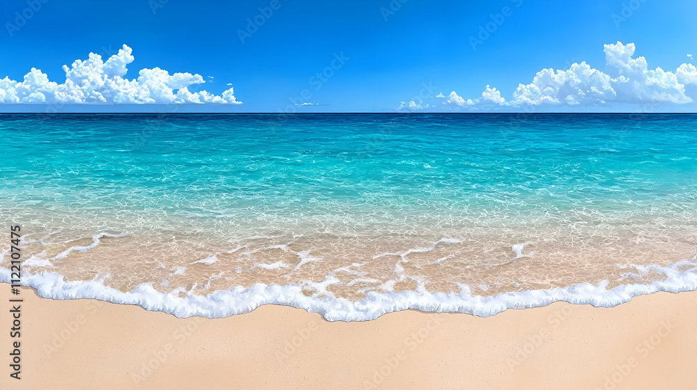 Fototapeta premium A serene beach scene showcasing clear blue water, soft sand, and fluffy clouds under a bright sky.