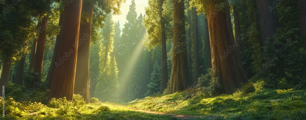Obraz premium Serene Sunlight Filtering Through Towering Trees in a Lush Green Forest, Creating a Tranquil Atmosphere of Nature's Beauty and Wilderness