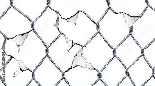 Broken wire fence, rabitz or chain link. Vector background of ripped metal mesh, steel grid or net with hole and wire cuts in center, damaged safety border, freedom concept, Realistic 3d illustration photo