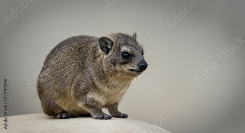 African rock hyrax perched on stone with blurred background for nature and wildlife themes