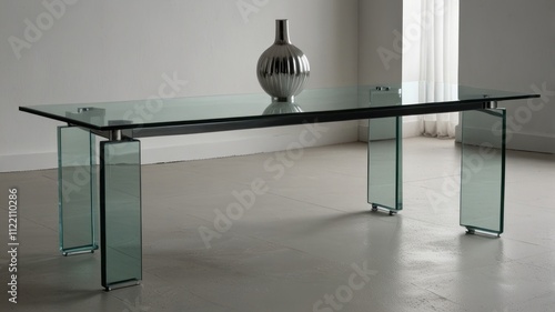 Modern glass dining table with chrome legs and vase. photo