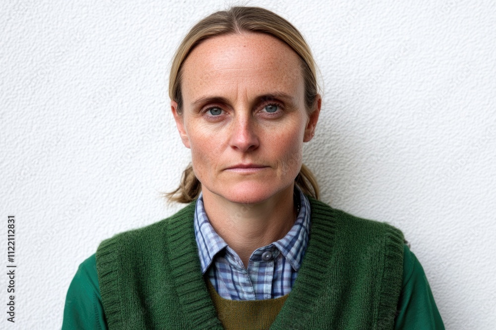 Fototapeta premium Caucasian mature female in green sweater against white background