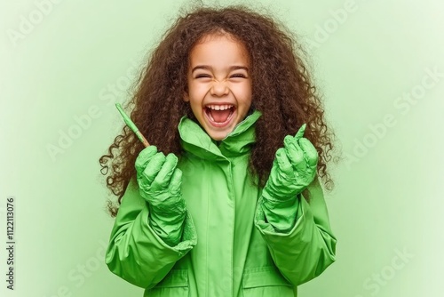 Joyful young african female in green coat with curly hair laughing on pastel background photo