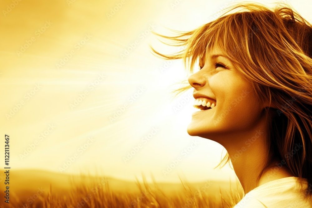 Radiant smiling young caucasian female in sunlit field Radiant smiling young caucasian female in sunlit field