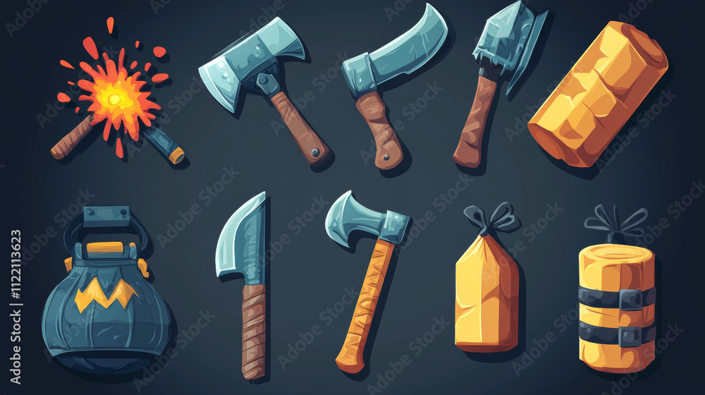 Game props icons of bomb, dynamite, grenade and old axe. Game ui ...