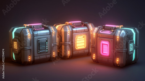 Game futuristic boxes, future technology chests. Icons of sci-fi equipment, metal loot boxes with electronic lock and display with neon light, vector cartoon illustration isolated on background photo