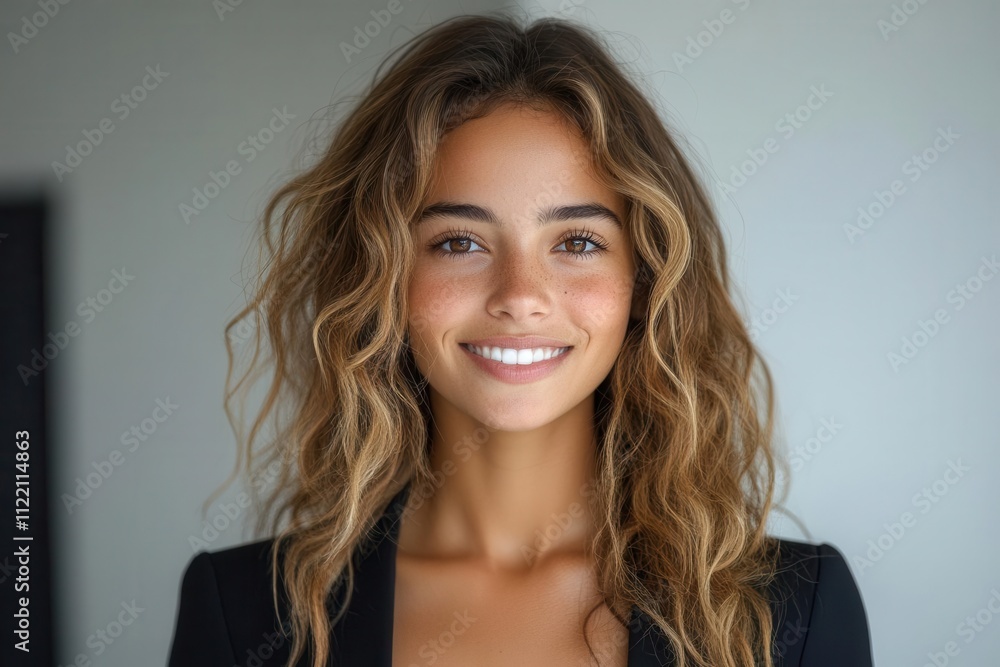 Fototapeta premium portrait of a young brazilian businesswoman standing confidently against a clean white background, showcasing professionalism, cultural identity, and modern business empowerment