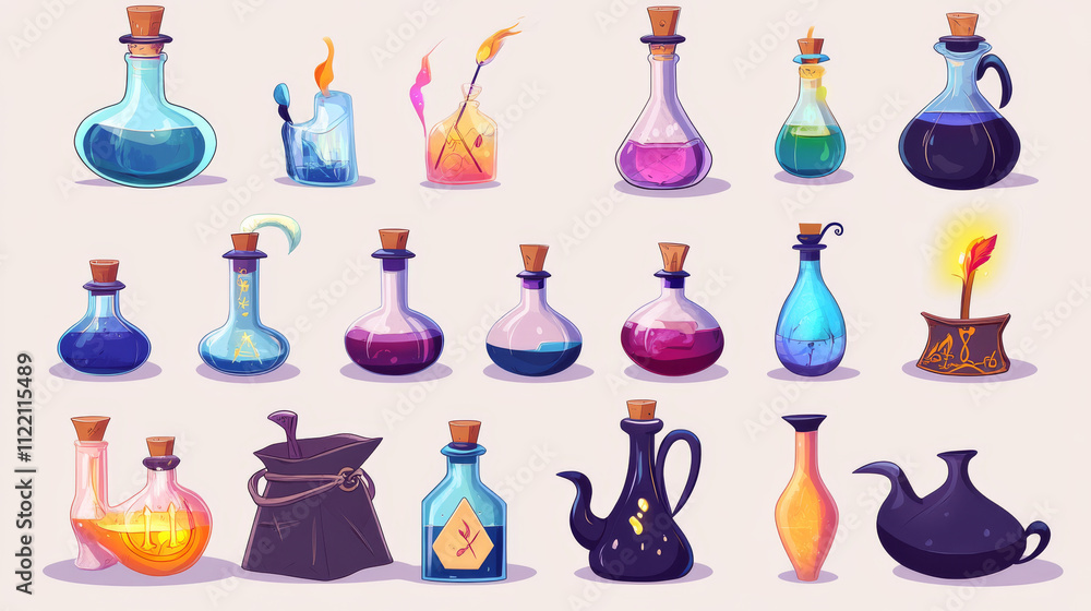 Chemical laboratory potion bottle for game app animation. Alchemist flask for fluid elixir or antidote empty and filling sprite sheet. Fantasy alchemy illustration asset set for wizard rpg interface Chemical laboratory potion bottle for game app animation. Alchemist flask for fluid elixir or antidote empty and filling sprite sheet. Fantasy alchemy illustration asset set for wizard rpg interface