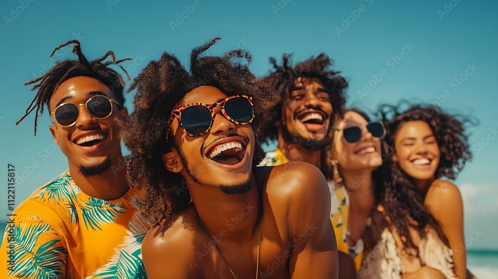 Fototapeta premium Happy diverse friends laughing on sunny beach.