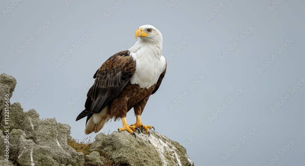 Fototapeta premium Majestic bald eagle posing on rocky cliff with overcast sky background