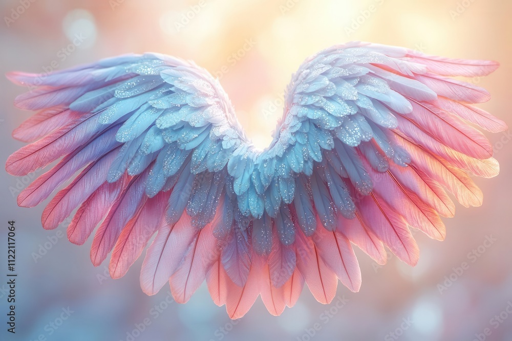 Fototapeta premium realistic angel wings depicted in a dreamlike setting, featuring intricate feather details, soft pastel colors, and a celestial background that evokes feelings of peace, hope, and ethereal beauty