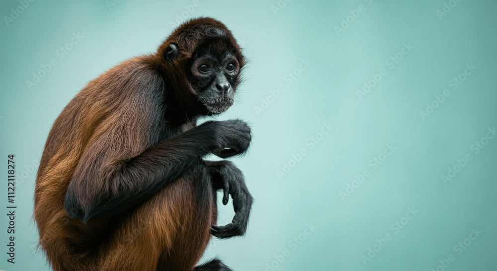 Fototapeta premium Thoughtful spider monkey posing against soft turquoise background