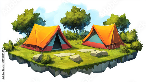 Camp tent stand on green grass island with bush foliage. Cartoon vector illustration set of campsite for summer outdoor adventure. Camper equipment accessories for eco tourism leisure and expedition. photo