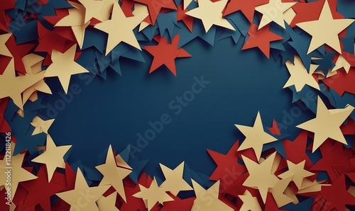 Colorful star decorations, red, blue, gold, layered design, festive background, suitable for celebrations, events, or patriotic themes photo