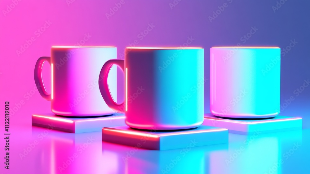 Colorful mugs with vibrant lighting effects. Colorful mugs with vibrant lighting effects.