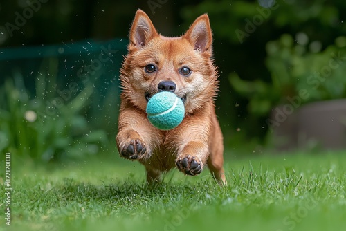 playful Shiba Inu caught mid air mouth open wide as it joyfully chases tennis ball vibrant green lawn bright midday sun. dog's fur glistens energy and excitement. photo