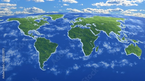 Colorful world map with lush green continents.