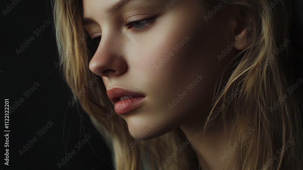 Fototapeta premium Contemplative young woman in soft lighting.