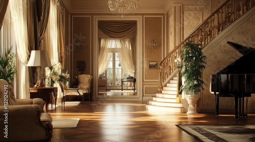 Wallpaper Mural Luxurious classical interior with staircase, piano, and antique furniture in a sunlit living room. Torontodigital.ca