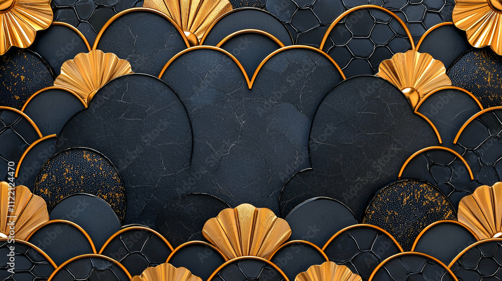 Fototapeta premium A textured background with overlapping fan shapes in black and gold tones, creating an elegant and stylish design.