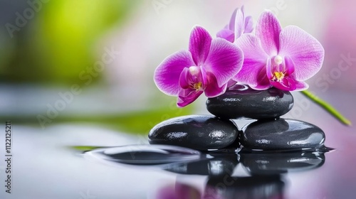 Elegant orchids on serene black stones.