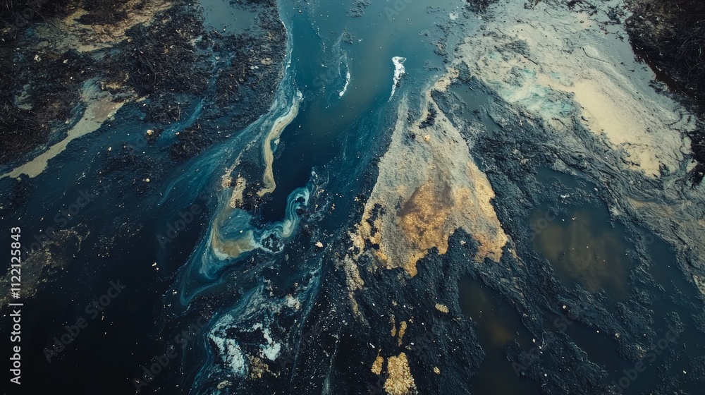 Obraz premium Aerial View of Polluted River with Industrial Waste