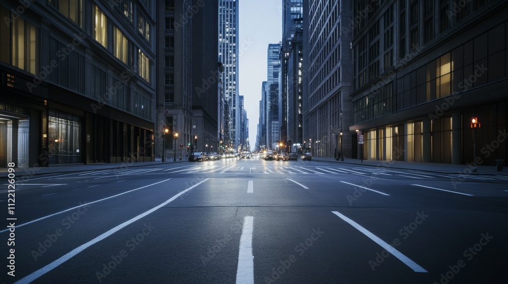 Naklejka premium Empty urban street at dusk with towering buildings.