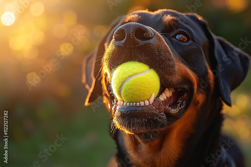 powerful Rottweiler launches air mouth open wide as it focuses catching bright yellow tennis ball. moment captures raw energy and muscle beautiful golden afternoon light. photo