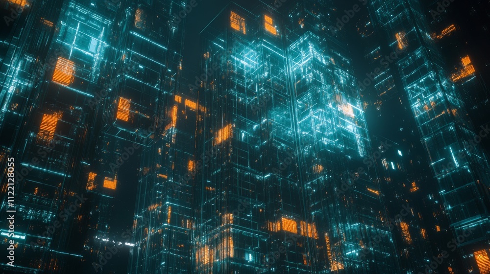 Fototapeta premium Futuristic digital cityscape with glowing lights.