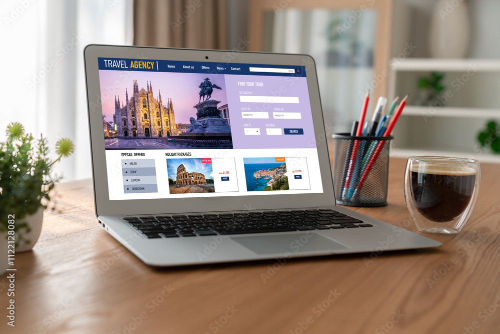 Fototapeta premium Online travel agency website for modish search and travel planning offers deal and package for flight , hotel and tour booking
