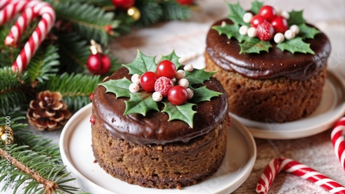 Wallpaper Mural Christmas chocolate cakes decorated with holly and red berries on a festive table Torontodigital.ca