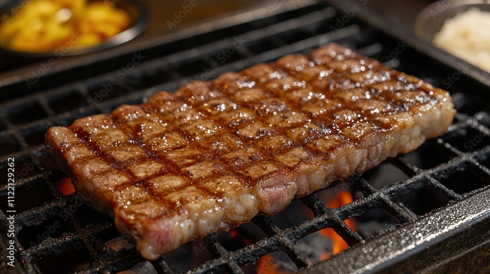 Grilled steak on hot grill with side dishes. Grilled steak on hot grill with side dishes.