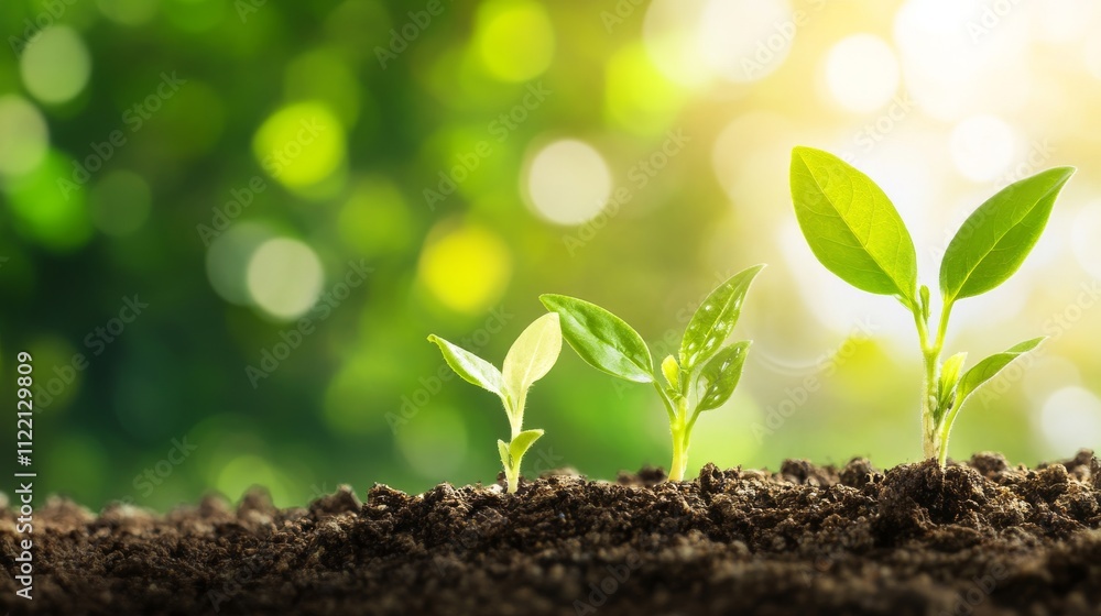 Fototapeta premium Growing plants emerging from rich dark soil.