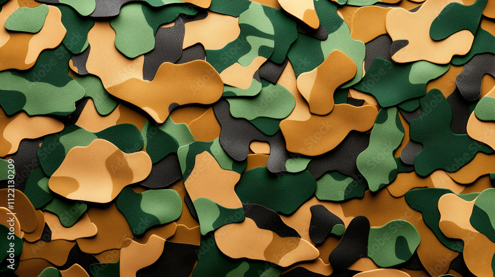 Naklejka premium A vibrant array of camouflage patterns featuring green, brown, and tan colors, creating a textured visual ideal for military or outdoor themes.
