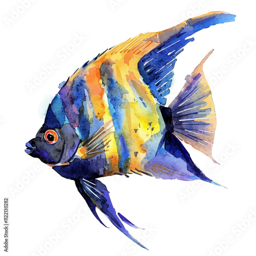 A watercolor vector of an Angelfish, isolated on a white background. Angelfish vector.