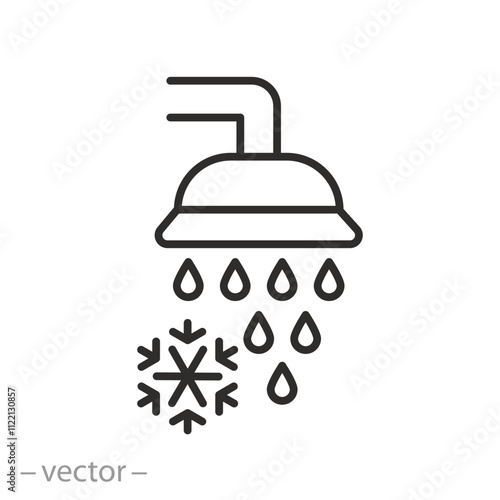 douche with snowflake, cold shower icon, bath room, bathing, thin line editable stroke vector illustration