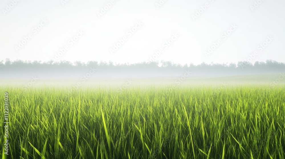 Obraz premium Lush green grass field under foggy sky.
