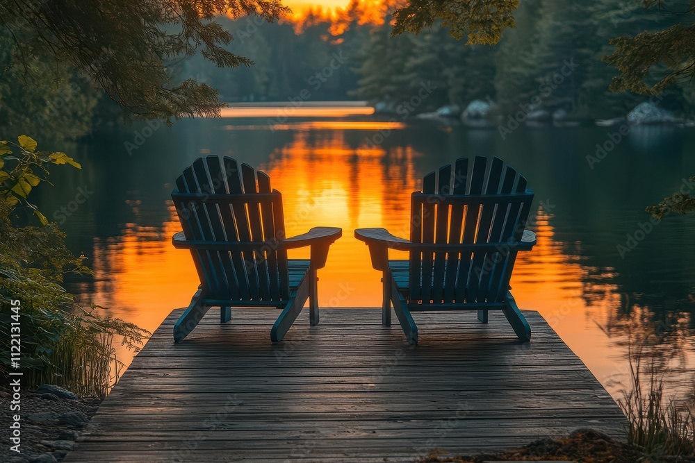 Fototapeta premium sunrise illuminating two empty adirondack chairs on a tranquil dock by a serene lake in muskoka, ontario, creating a peaceful and inviting ambiance as sun rays cast long shadows