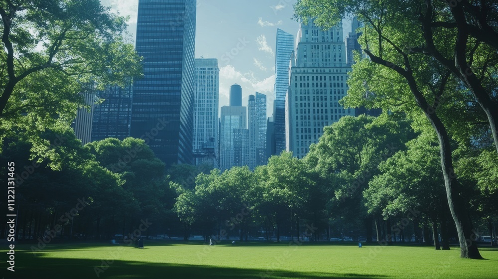 Fototapeta premium Lush greenery with urban skyline backdrop.