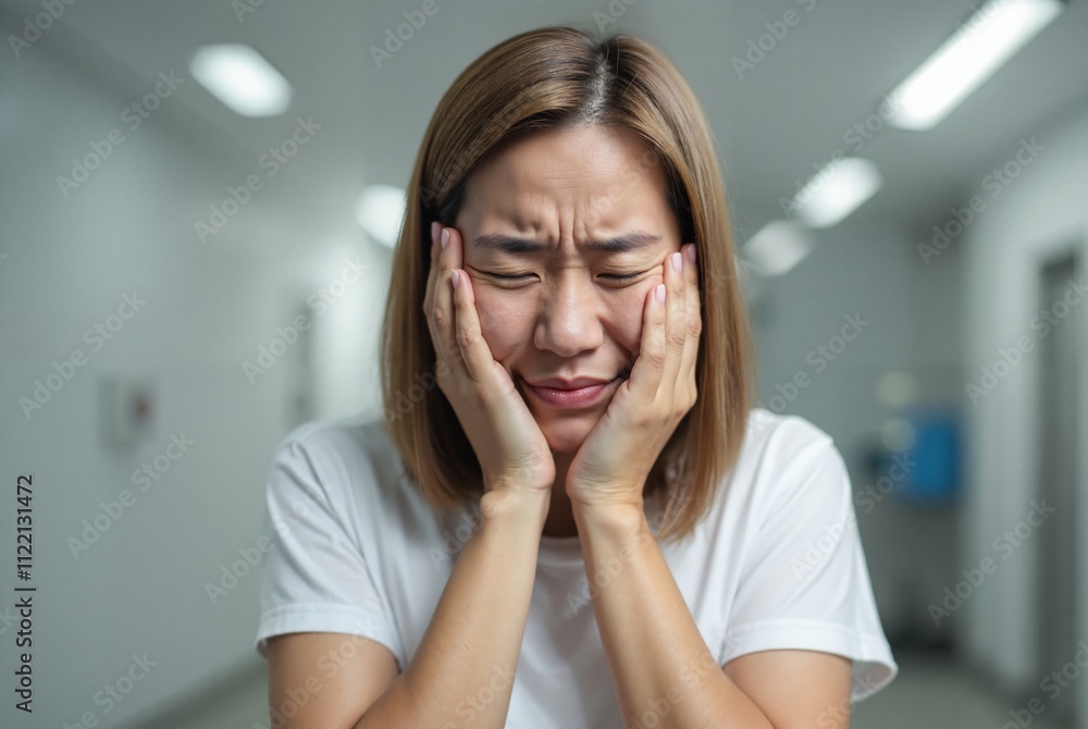 A photograph of an Asian woman with shoulder-length brown hair, wearing a white top, gently touching her face with both hands, looking distressed A photograph of an Asian woman with shoulder-length brown hair, wearing a white top, gently touching her face with both hands, looking distressed