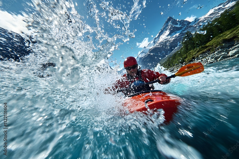 Naklejka premium Kayaker navigating river rapids