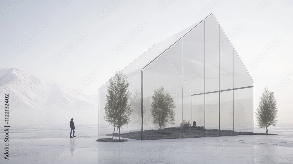 Minimalist glass structure in serene landscape. Minimalist glass structure in serene landscape.