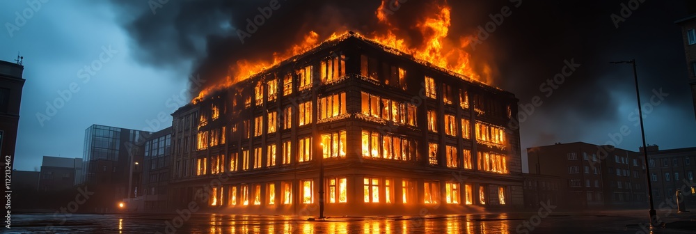 Fototapeta premium A building is on fire with a lot of smoke and flames. The fire is so big that it is visible from a distance. The scene is chaotic and dangerous, with people and vehicles in the area