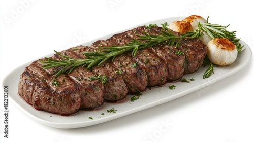 Grilled steak with rosemary and garlic.